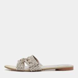 Pre Owned Gina Silver Leather Crystal Embellished Leather Loren Flat Sandals Size 41.5