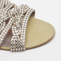 Pre Owned Gina Silver Leather Crystal Embellished Leather Loren Flat Sandals Size 41.5