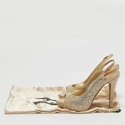 Pre Owned Gina Gold Crystal Embellished Satin Slingback Sandals Size 37.5