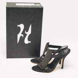 Gina Black Nubuck Leather Crystal Embellished Slide Sandals Size 36.5