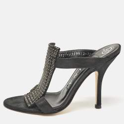 Gina Black Nubuck Leather Crystal Embellished Slide Sandals Size 36.5