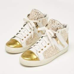 Gina White/Gold Leather Crystal Embellished High Top Sneakers Size 39