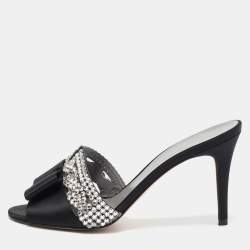 Pre Owned Gina Black Satin Crystal Embellished Slide Sandals Size 38
