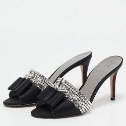 Pre Owned Gina Black Satin Crystal Embellished Slide Sandals Size 38