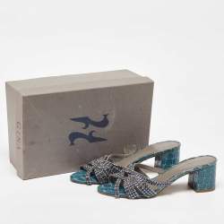 Pre Owned Gina Blue Leather Crystal Embellished Slide Sandals Size 40