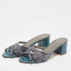 Pre Owned Gina Blue Leather Crystal Embellished Slide Sandals Size 40