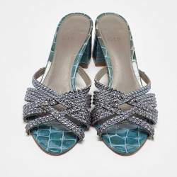 Pre Owned Gina Blue Leather Crystal Embellished Slide Sandals Size 40