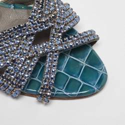 Pre Owned Gina Blue Leather Crystal Embellished Slide Sandals Size 40