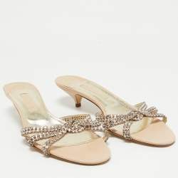 Pre Owned Gina Beige Leather Crystal Embellished Slide Sandals Size 41