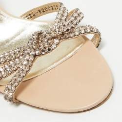 Pre Owned Gina Beige Leather Crystal Embellished Slide Sandals Size 41