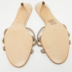 Pre Owned Gina Beige Leather Crystal Embellished Slide Sandals Size 41
