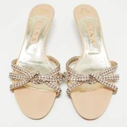Pre Owned Gina Beige Leather Crystal Embellished Slide Sandals Size 41
