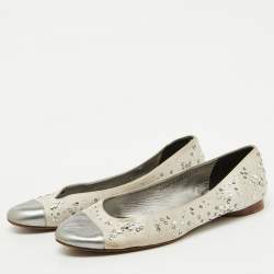 Gina Light Grey/Silver Satin and Leather Crystal Embellished Ballet Flats Size 40