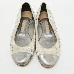 Gina Light Grey/Silver Satin and Leather Crystal Embellished Ballet Flats Size 40