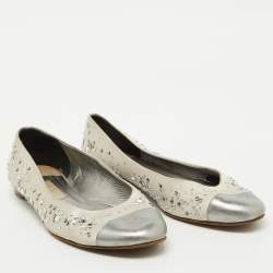 Gina Light Grey/Silver Satin and Leather Crystal Embellished Ballet Flats Size 40