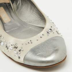 Gina Light Grey/Silver Satin and Leather Crystal Embellished Ballet Flats Size 40