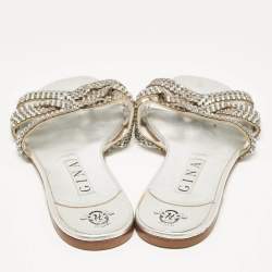 مملوكة مسبقًا Gina Silver Leather Crystal Embellished  Flat Sandals Size 41.5