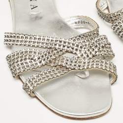 مملوكة مسبقًا Gina Silver Leather Crystal Embellished  Flat Sandals Size 41.5