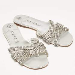 مملوكة مسبقًا Gina Silver Leather Crystal Embellished  Flat Sandals Size 41.5