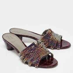 Gina Purple Leather Crystal Embellished Slide Sandals Size 38