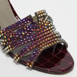 Gina Purple Leather Crystal Embellished Slide Sandals Size 38