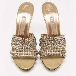  Gina Rose Gold Leather Crystal Embellished Slide Sandals Size 38