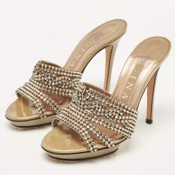  Gina Rose Gold Leather Crystal Embellished Slide Sandals Size 38