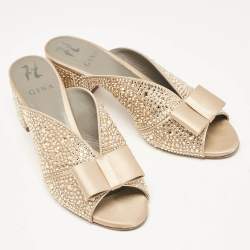 Pre Owned Gina Gold Satin Crystal Embellished Bourdin Mules Size 40