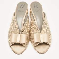 Pre Owned Gina Gold Satin Crystal Embellished Bourdin Mules Size 40