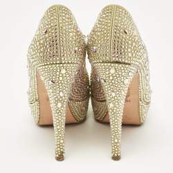Pre Owned Gina Green Satin Crystal Embellished Platform Pumps Size 37