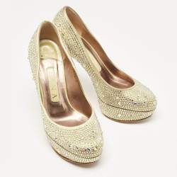 Pre Owned Gina Green Satin Crystal Embellished Platform Pumps Size 37