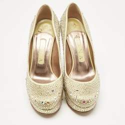 Pre Owned Gina Green Satin Crystal Embellished Platform Pumps Size 37