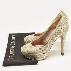 Pre Owned Gina Green Satin Crystal Embellished Platform Pumps Size 37