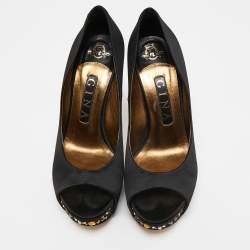 Gina Black Satin Jenna Crystal Embellished Platform Pumps Size 37.5