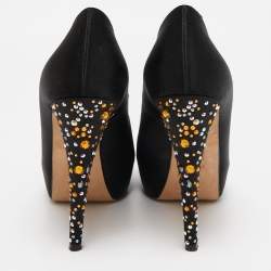 Gina Black Satin Jenna Crystal Embellished Platform Pumps Size 37.5