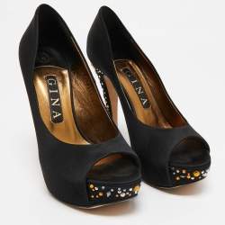 Gina Black Satin Jenna Crystal Embellished Platform Pumps Size 37.5