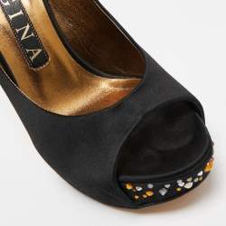 Gina Black Satin Jenna Crystal Embellished Platform Pumps Size 37.5