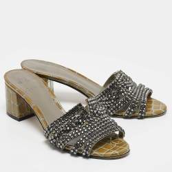 Pre Owned Gina Green Croc Embossed Leather and Leather Crystal Embellished Slide Sandals Size 37