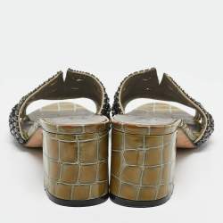 Pre Owned Gina Green Croc Embossed Leather and Leather Crystal Embellished Slide Sandals Size 37