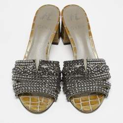 Pre Owned Gina Green Croc Embossed Leather and Leather Crystal Embellished Slide Sandals Size 37