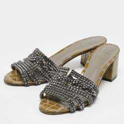 Pre Owned Gina Green Croc Embossed Leather and Leather Crystal Embellished Slide Sandals Size 37