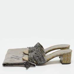 Pre Owned Gina Green Croc Embossed Leather and Leather Crystal Embellished Slide Sandals Size 37