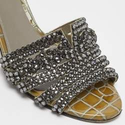 Pre Owned Gina Green Croc Embossed Leather and Leather Crystal Embellished Slide Sandals Size 37