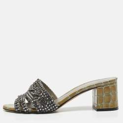 Pre Owned Gina Green Croc Embossed Leather and Leather Crystal Embellished Slide Sandals Size 37