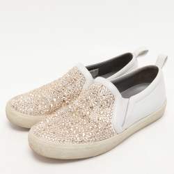 Gina White/Beige Leather and Satin Crystal Embellished Slip On Sneakers Size 38