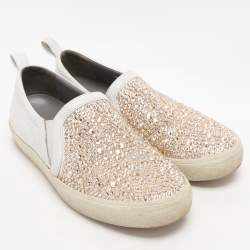 Gina White/Beige Leather and Satin Crystal Embellished Slip On Sneakers Size 38