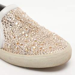Gina White/Beige Leather and Satin Crystal Embellished Slip On Sneakers Size 38