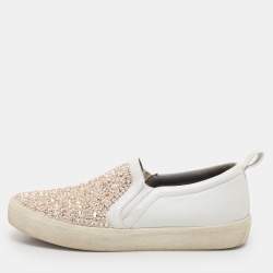 Gina White/Beige Leather and Satin Crystal Embellished Slip On Sneakers Size 38