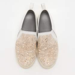 Gina White/Beige Leather and Satin Crystal Embellished Slip On Sneakers Size 38
