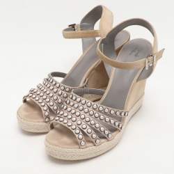 Gina Pink Satin and Suede Pearl Embellished Wedge Sandals Size 40